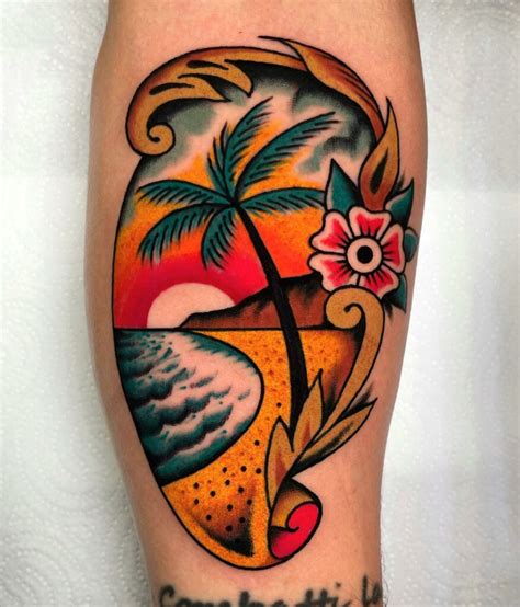 simple beach tattoos|traditional beach scene tattoo.